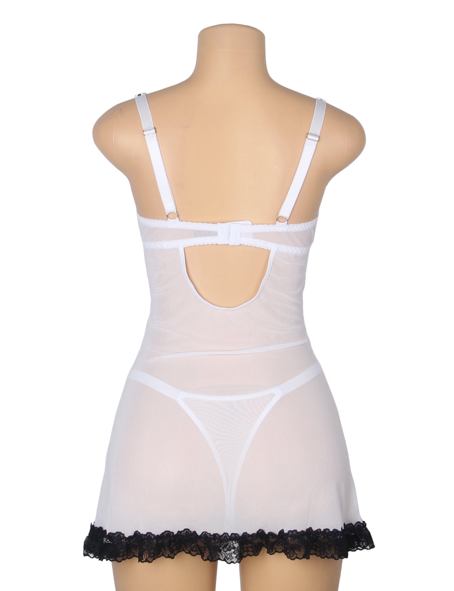 White Lace Babydoll with Ruffle Swing Hem, Underwire, Hollow Back, Bow Accent & Lace T - Pants Set - TeaseFashion