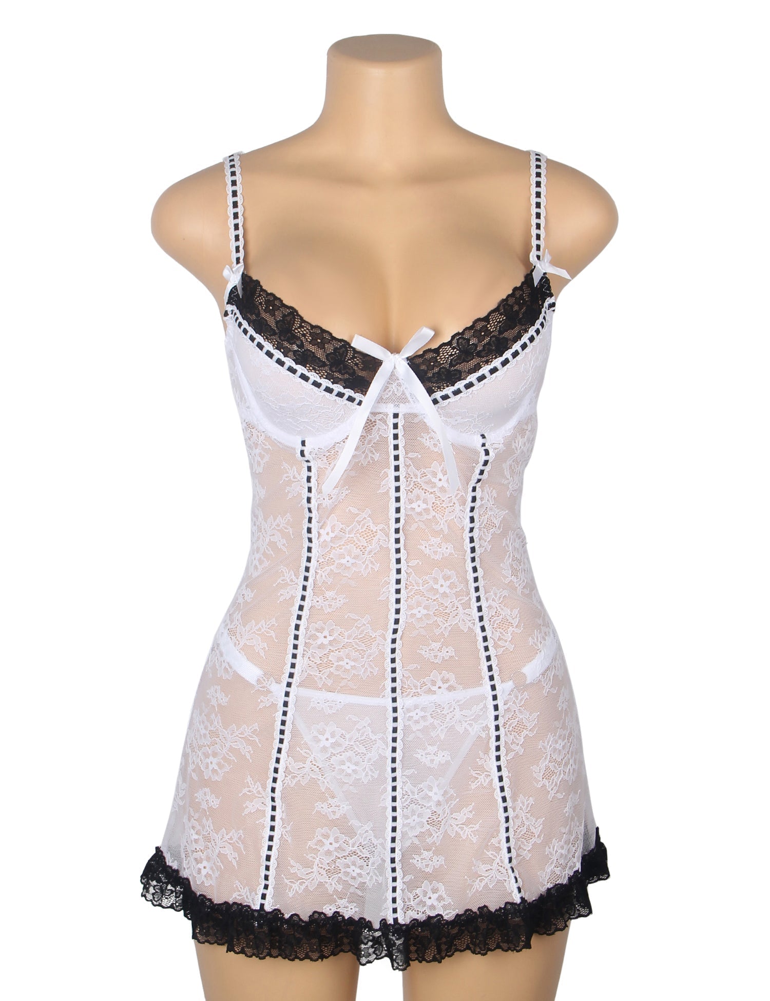 White Lace Babydoll with Ruffle Swing Hem, Underwire, Hollow Back, Bow Accent & Lace T - Pants Set - TeaseFashion