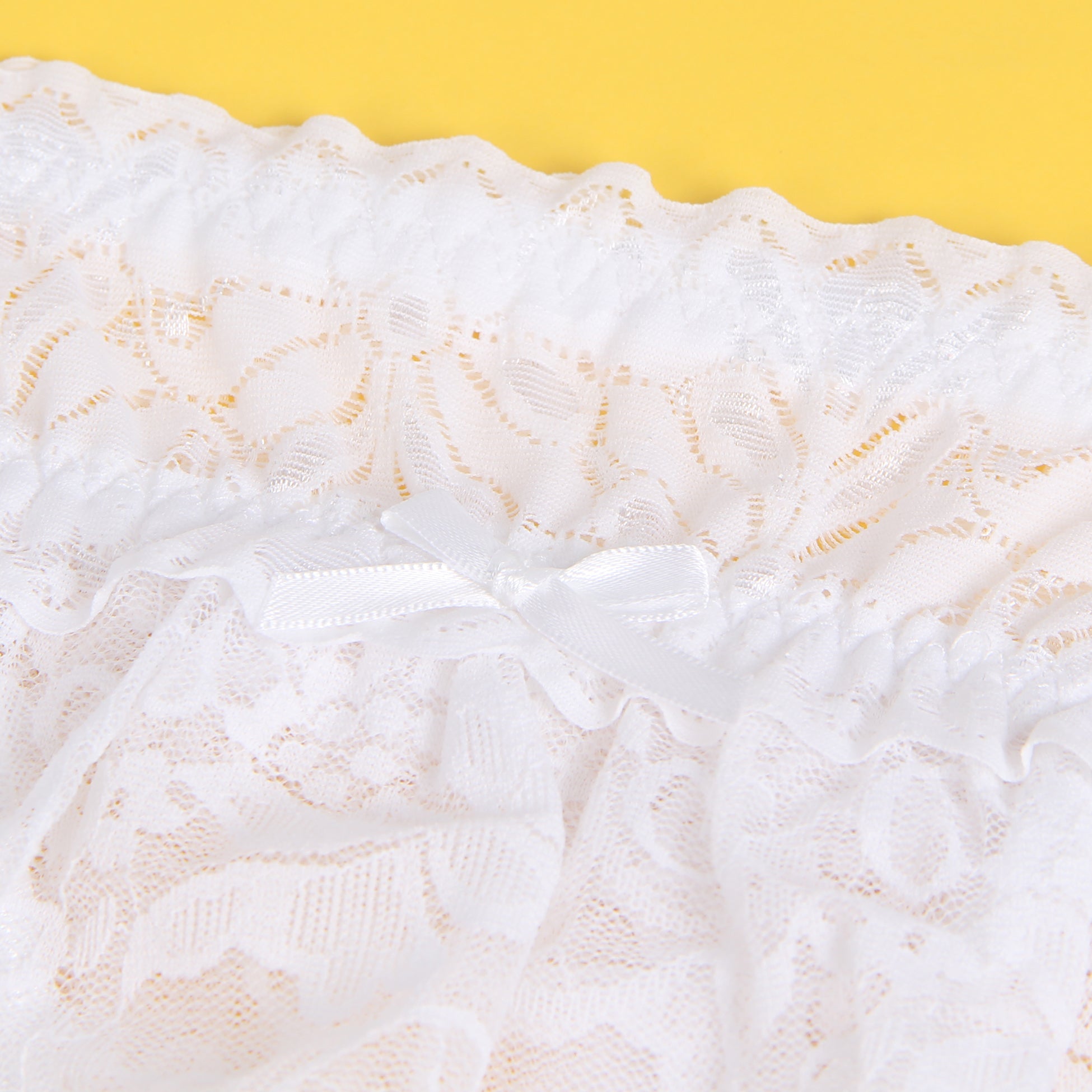 White Lace Mesh One - Piece Garter Panty with Ruffled Hem & Hollowed Back - TeaseFashion