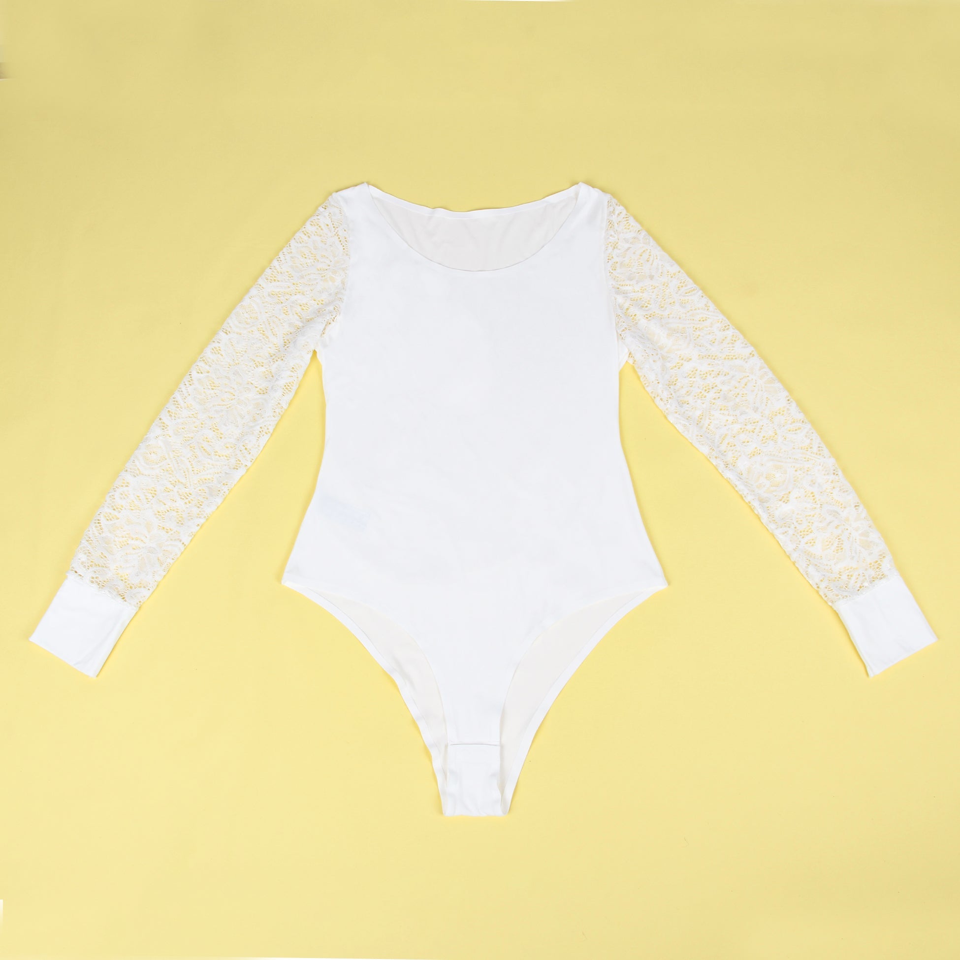 White Long Sleeve Bodysuit – Lace - Stitched Sleeves, Bonded Cuffs & Round Neck - TeaseFashion