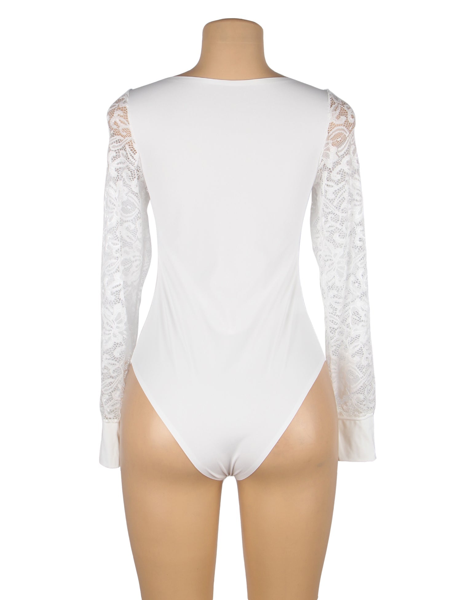 White Long Sleeve Bodysuit – Lace - Stitched Sleeves, Bonded Cuffs & Round Neck - TeaseFashion