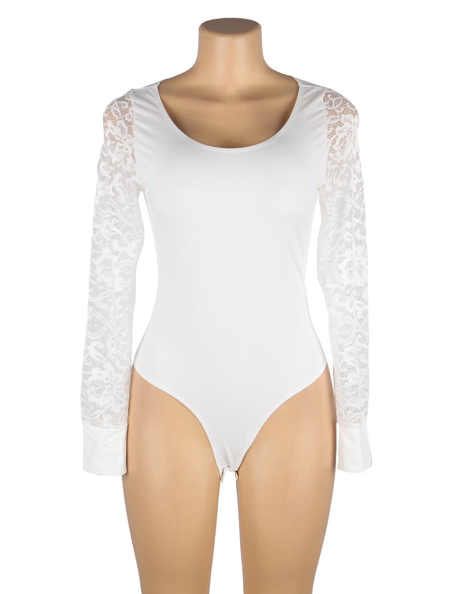 White Long Sleeve Bodysuit – Lace - Stitched Sleeves, Bonded Cuffs & Round Neck - TeaseFashion