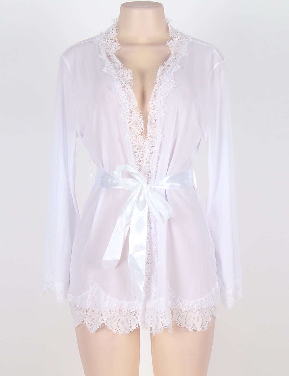 White Mesh Babydoll Robe – Long Sleeve, Eyelash Lace Trim, Faux Silk Belt & Matching Thong - TeaseFashion