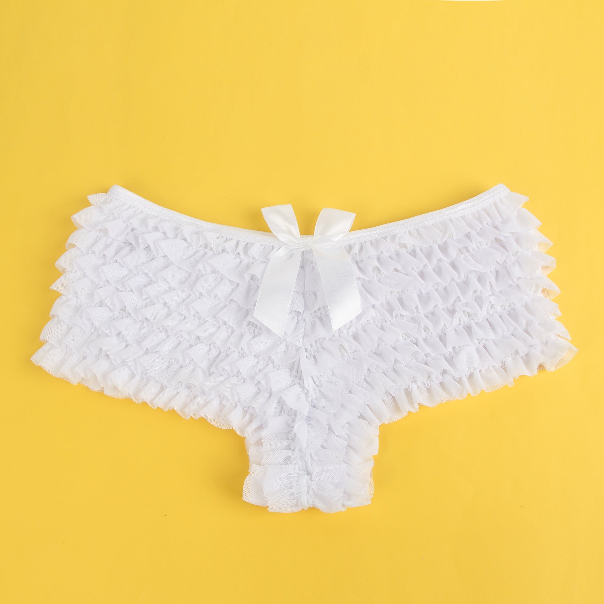 White Mesh Ruffle Brief with Bow Detail & Swim - Fabric Lining - TeaseFashion