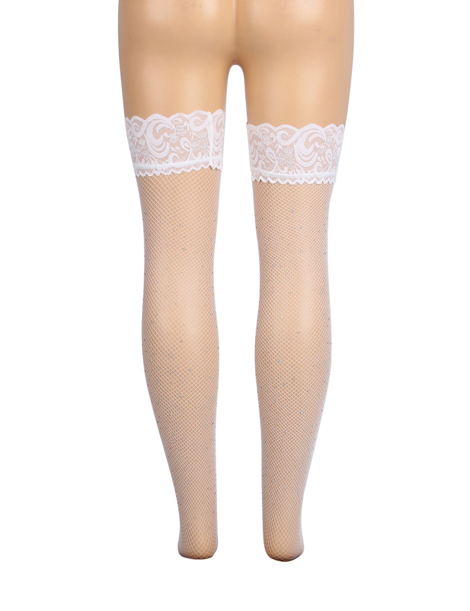 White Rhinestone Fishnet Thigh - High Stockings with Lace Top & Dual Silicone Stay - Up Grip - TeaseFashion