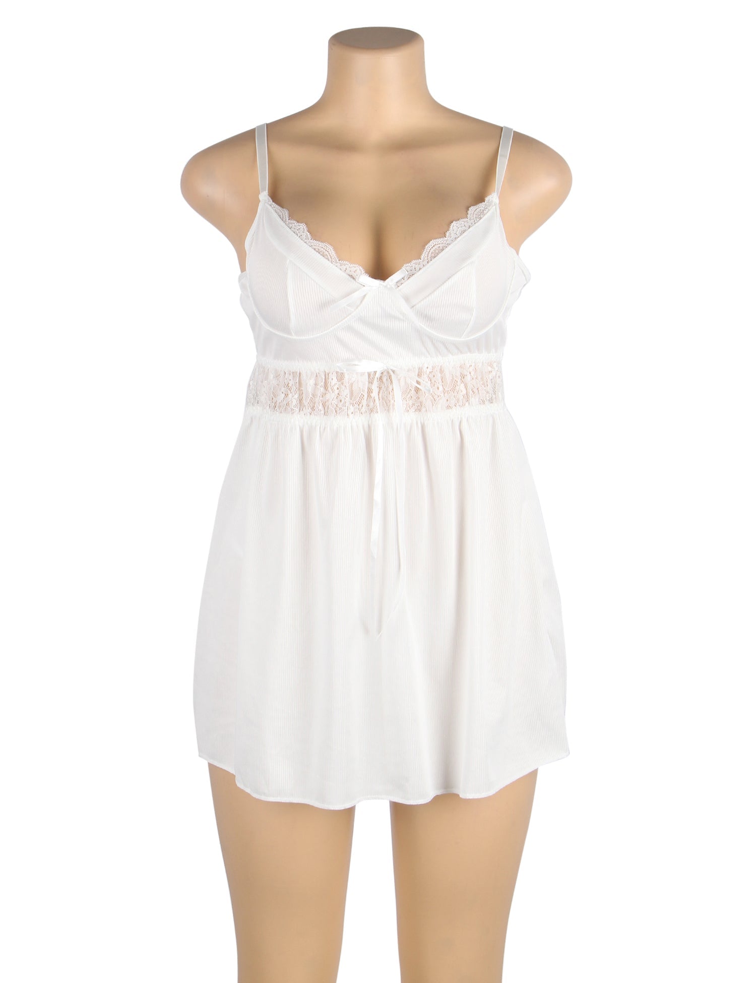 White Ribbed Cloth V - Neck Suspender Babydoll with Lace Cup & Underbust Detail, Bowknot & G - String Set - TeaseFashion