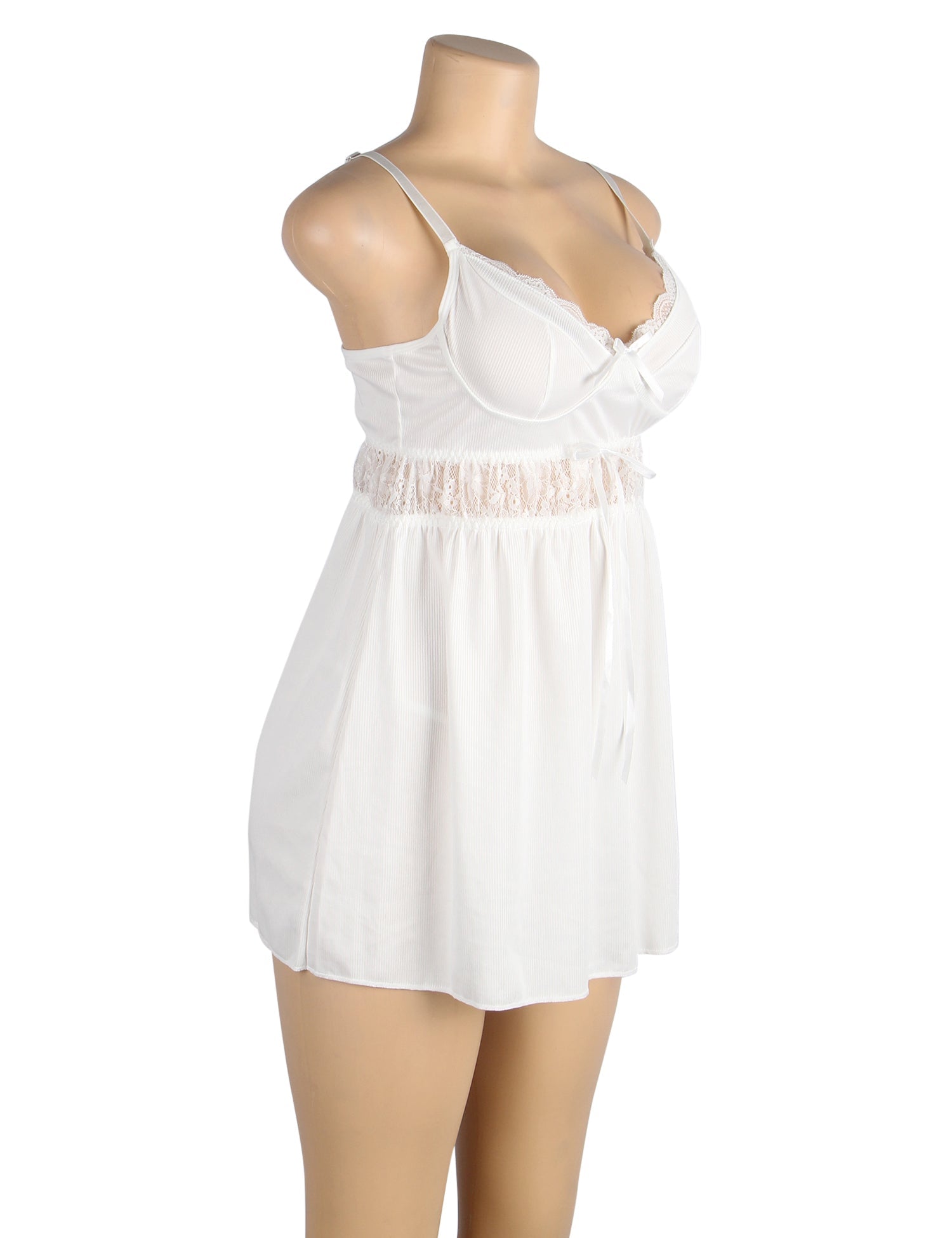 White Ribbed Cloth V - Neck Suspender Babydoll with Lace Cup & Underbust Detail, Bowknot & G - String Set - TeaseFashion