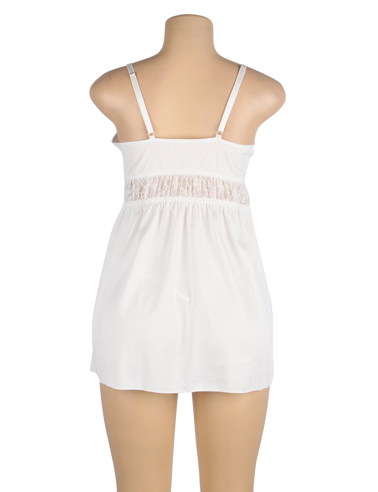 White Ribbed Cloth V - Neck Suspender Babydoll with Lace Cup & Underbust Detail, Bowknot & G - String Set - TeaseFashion