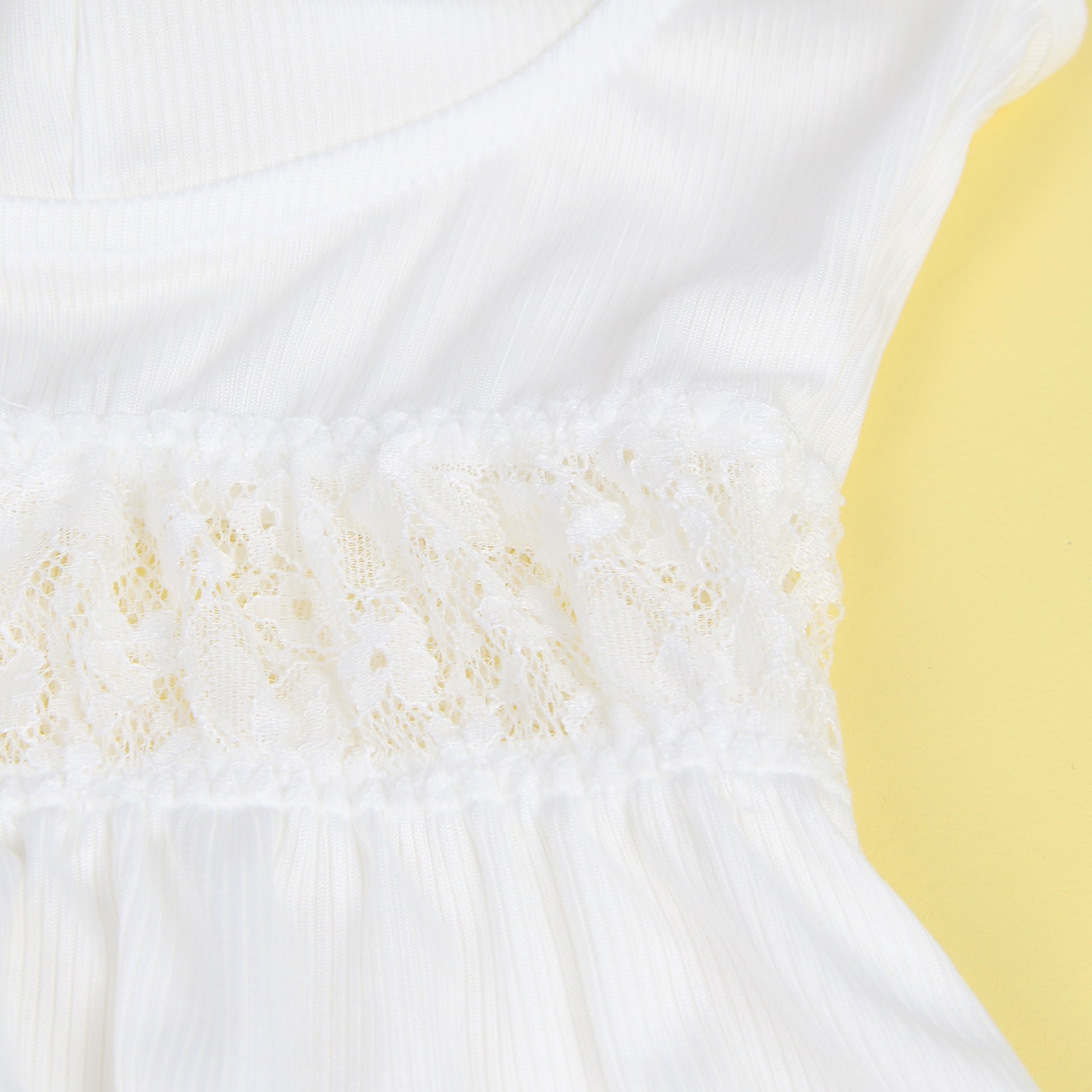White Ribbed Cloth V - Neck Suspender Babydoll with Lace Cup & Underbust Detail, Bowknot & G - String Set - TeaseFashion