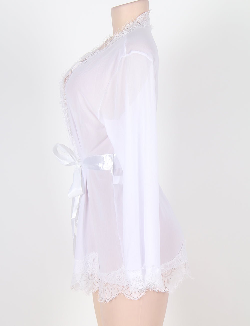 White Sheer Mesh Robe – Eyelash Lace Trim, Satin Belt & Thong Set - TeaseFashion