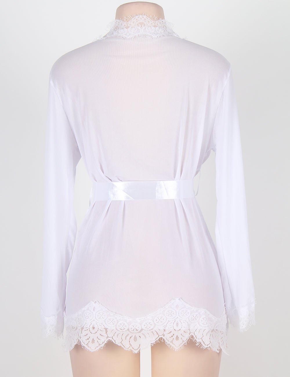 White Sheer Mesh Robe – Eyelash Lace Trim, Satin Belt & Thong Set - TeaseFashion