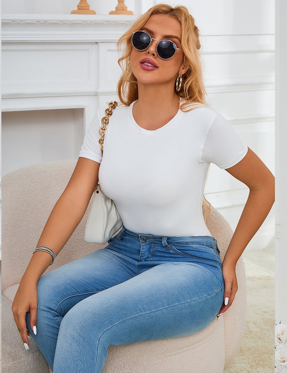 White Short Sleeve Bodysuit – Brushed Nylon, Round Neck & Adjustable Crotch - TeaseFashion