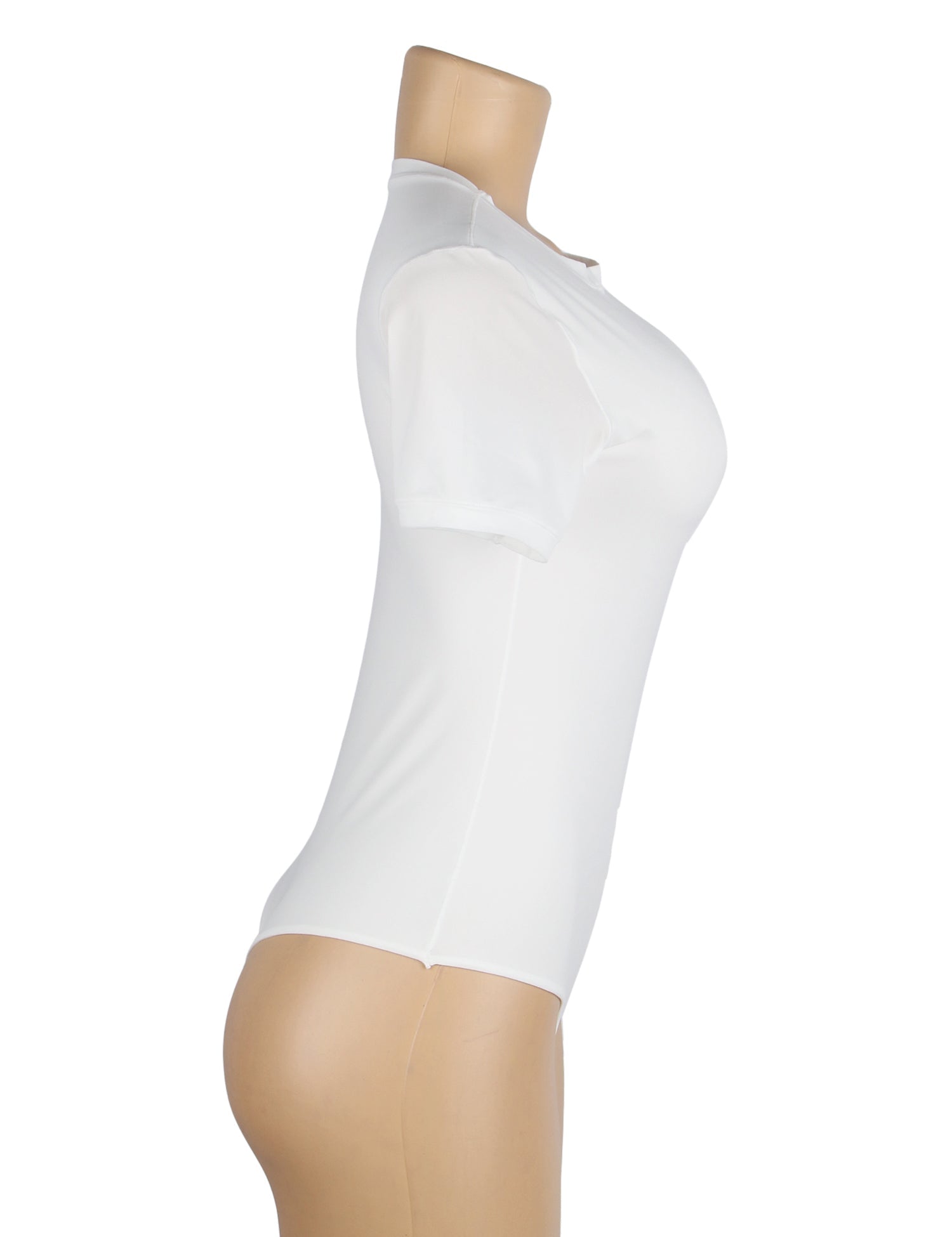 White Short Sleeve Bodysuit – Brushed Nylon, Round Neck & Adjustable Crotch - TeaseFashion