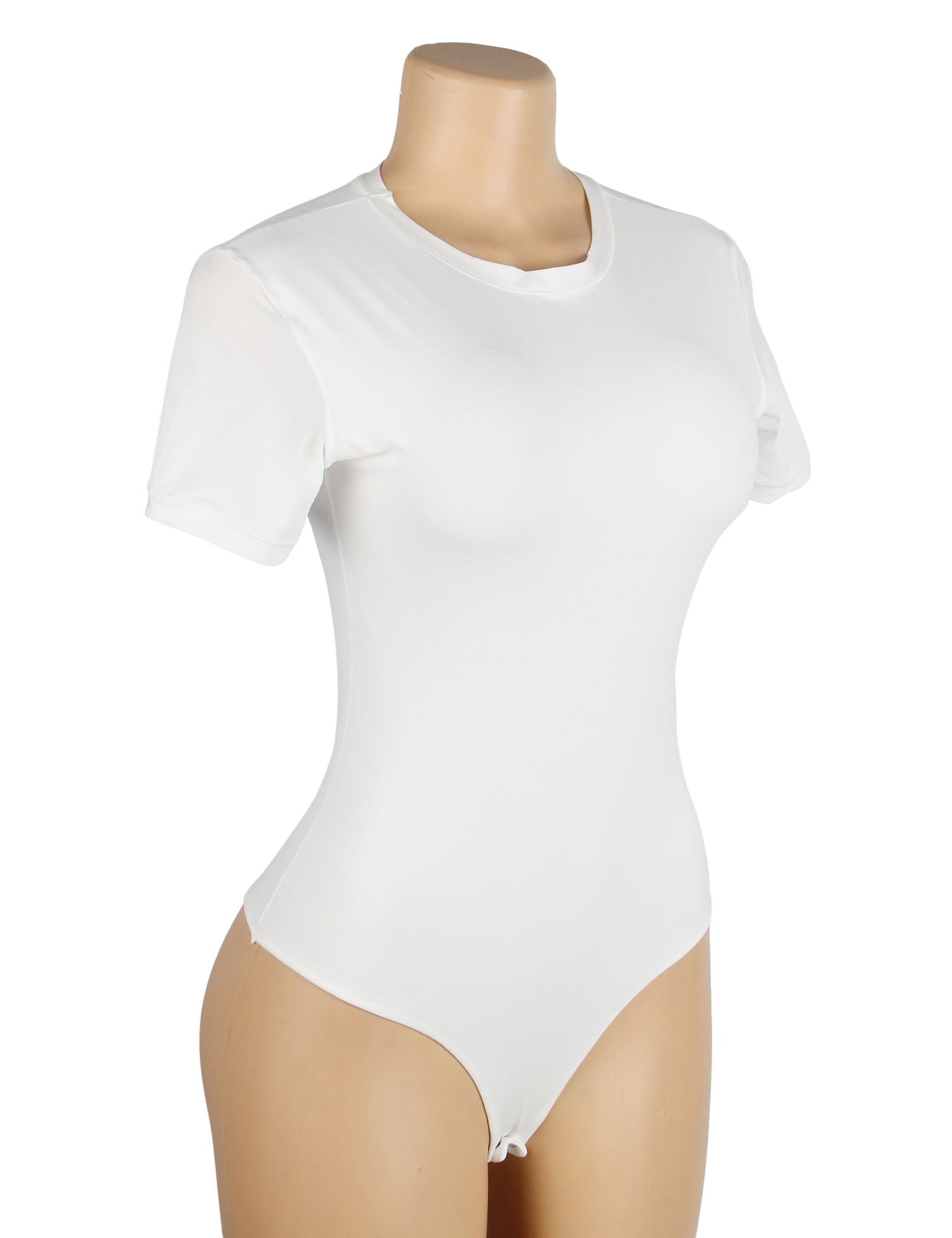 White Short Sleeve Bodysuit – Brushed Nylon, Round Neck & Adjustable Crotch - TeaseFashion