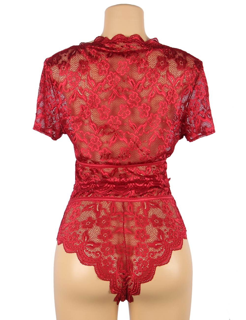 Wine Red Glossy Lace Bra & High - Waist Panty Set – Deep V - Neck Crop Top - TeaseFashion