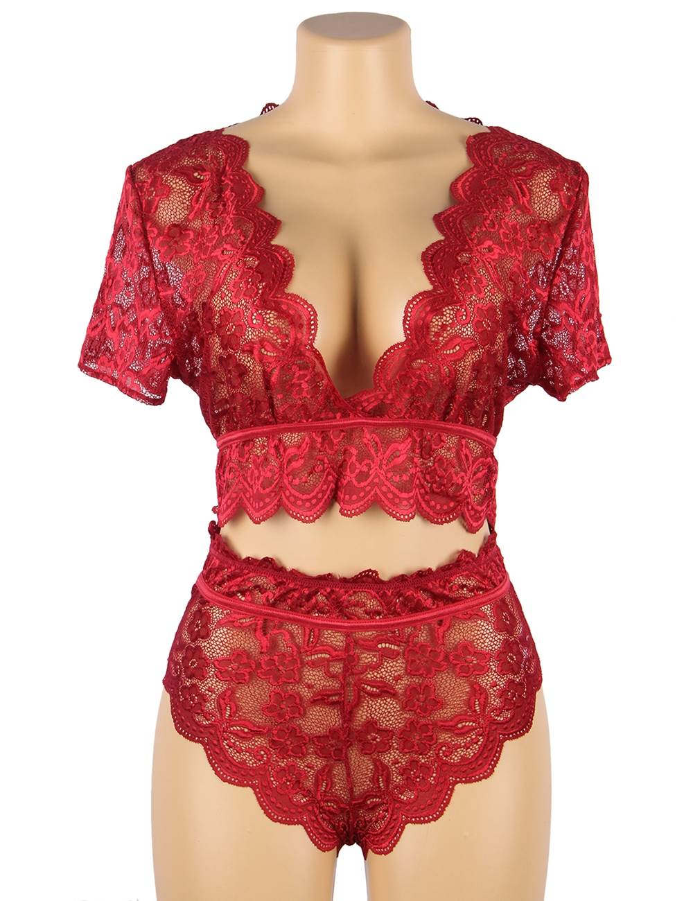 Wine Red Glossy Lace Bra & High - Waist Panty Set – Deep V - Neck Crop Top - TeaseFashion