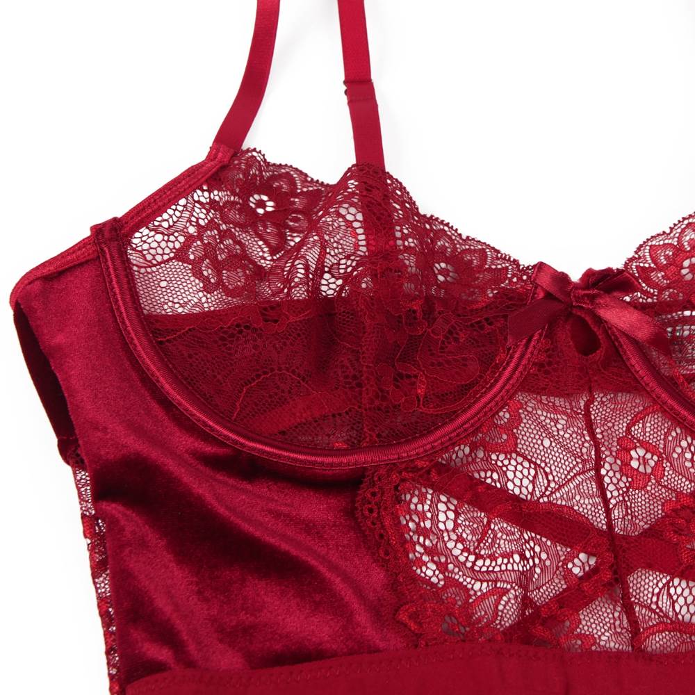 Wine Red Lace & Velvet Teddy with Steel Ring Underwire - TeaseFashion