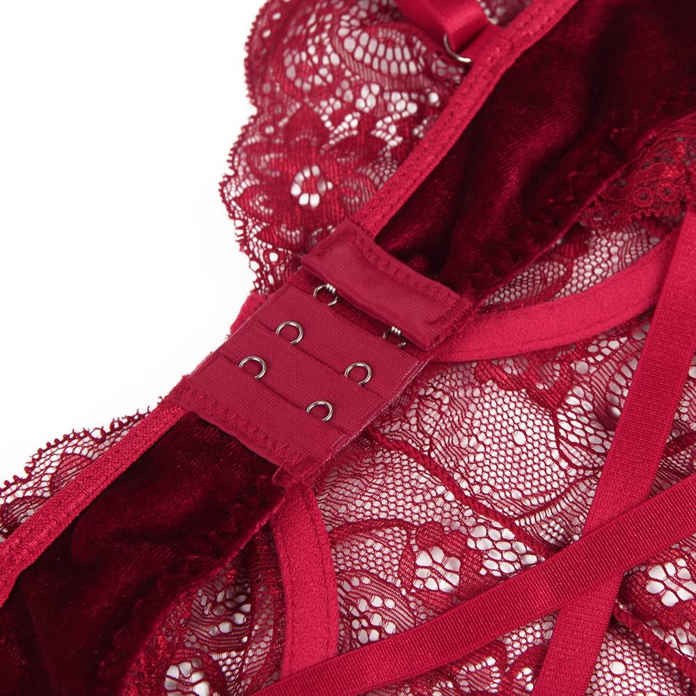 Wine Red Lace & Velvet Teddy with Steel Ring Underwire - TeaseFashion