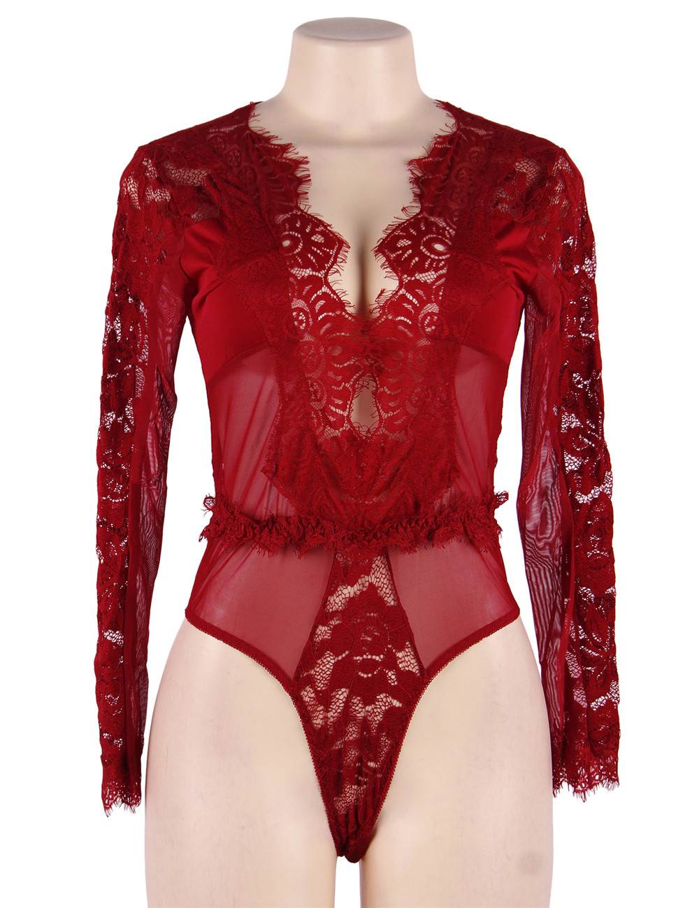 Wine Red Long Sleeve Bodysuit – Eyelash Lace, Deep V - Neck, Mesh & Structured Bust - TeaseFashion
