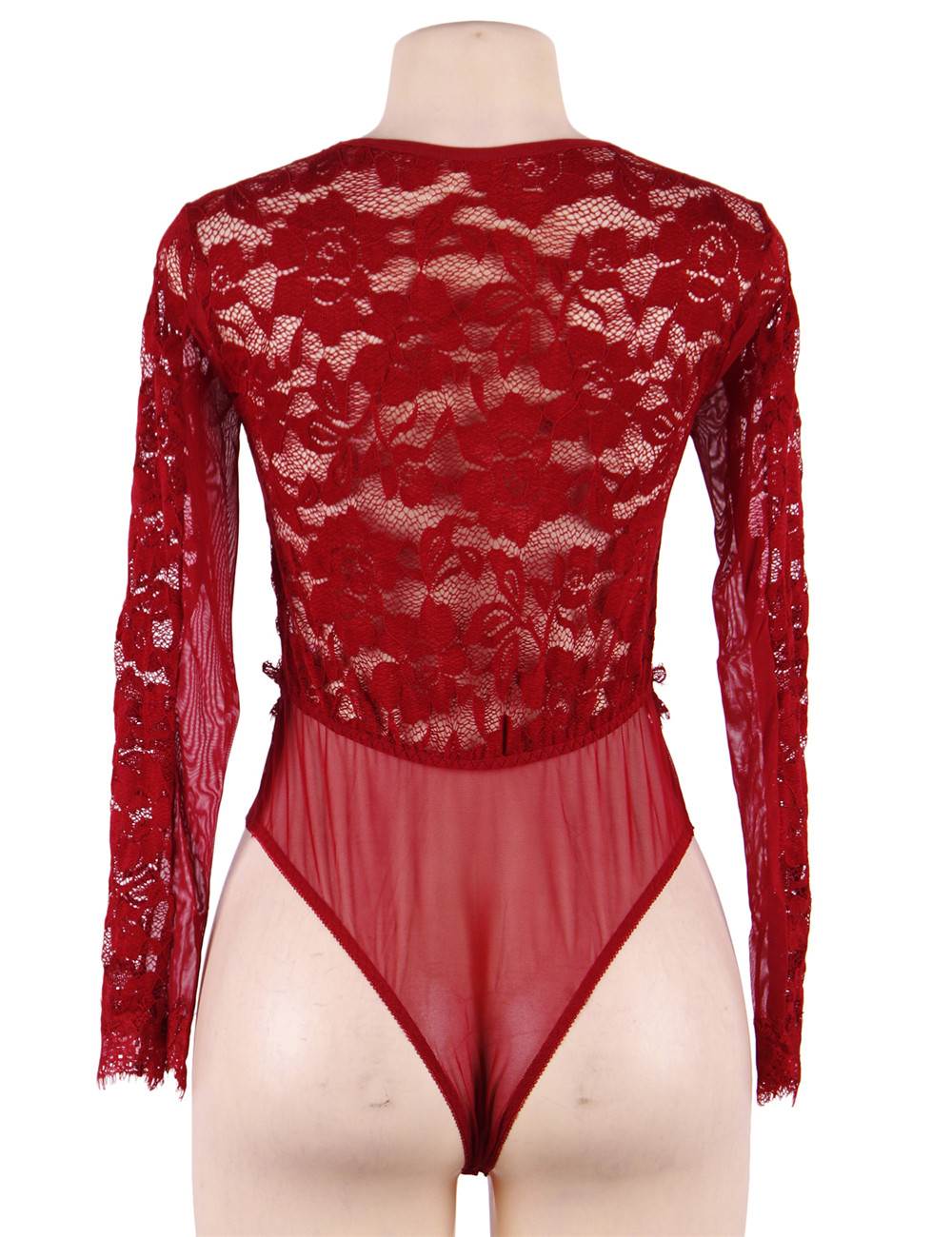 Wine Red Long Sleeve Bodysuit – Eyelash Lace, Deep V - Neck, Mesh & Structured Bust - TeaseFashion