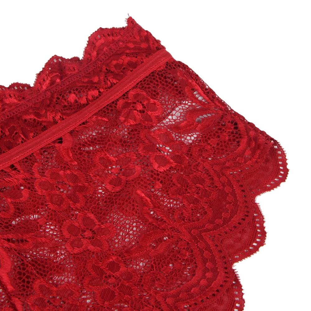 Wine Red Shiny Lace Deep - V Crop Bra & High - Waist Panty Set - TeaseFashion