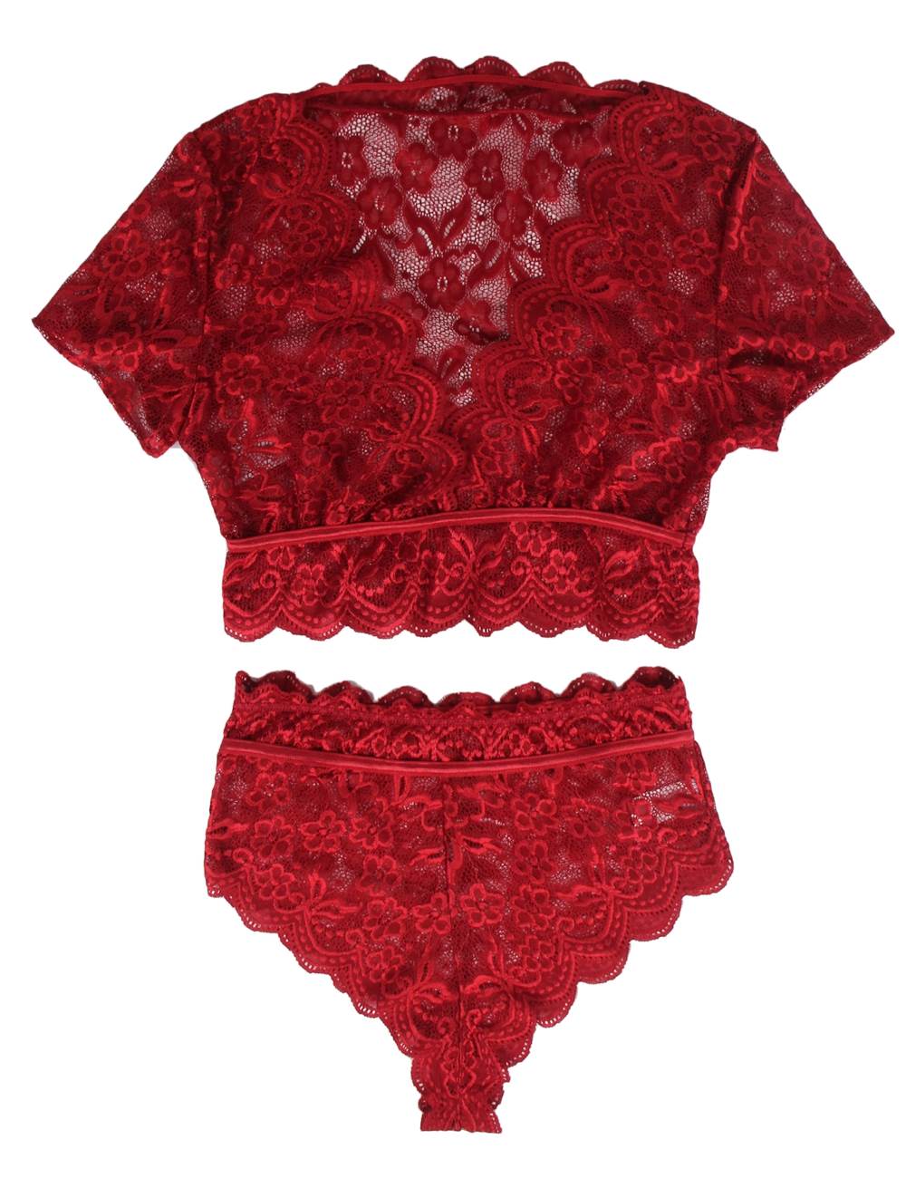 Wine Red Shiny Lace Deep - V Crop Bra & High - Waist Panty Set - TeaseFashion