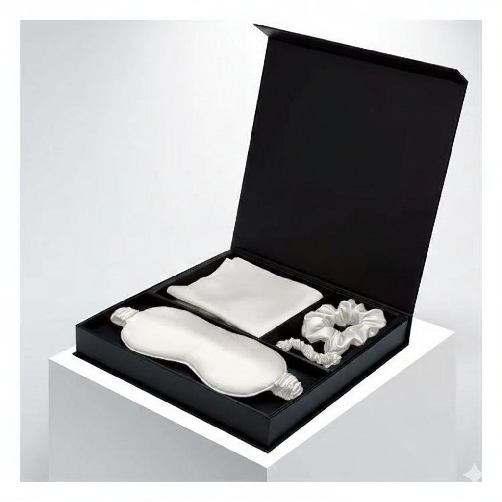 White Luxury 100% Mulberry Silk Pillow case Sleep, Eye Mask Blind and Scrunchies Gift Set