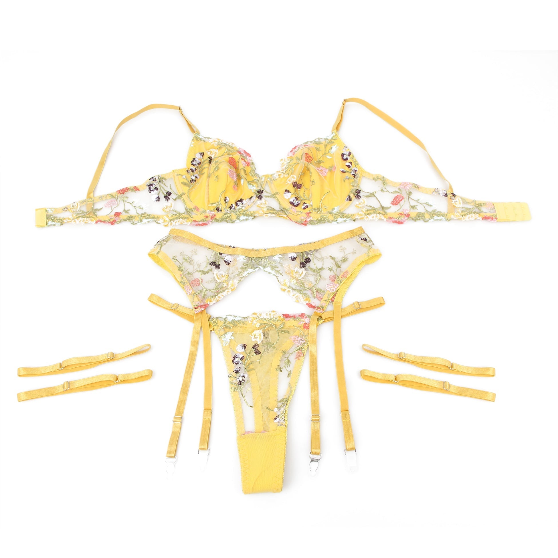 Yellow Mesh 3D Floral Embroidery Bra Garter Set – Double - Layer & Underwire - TeaseFashion